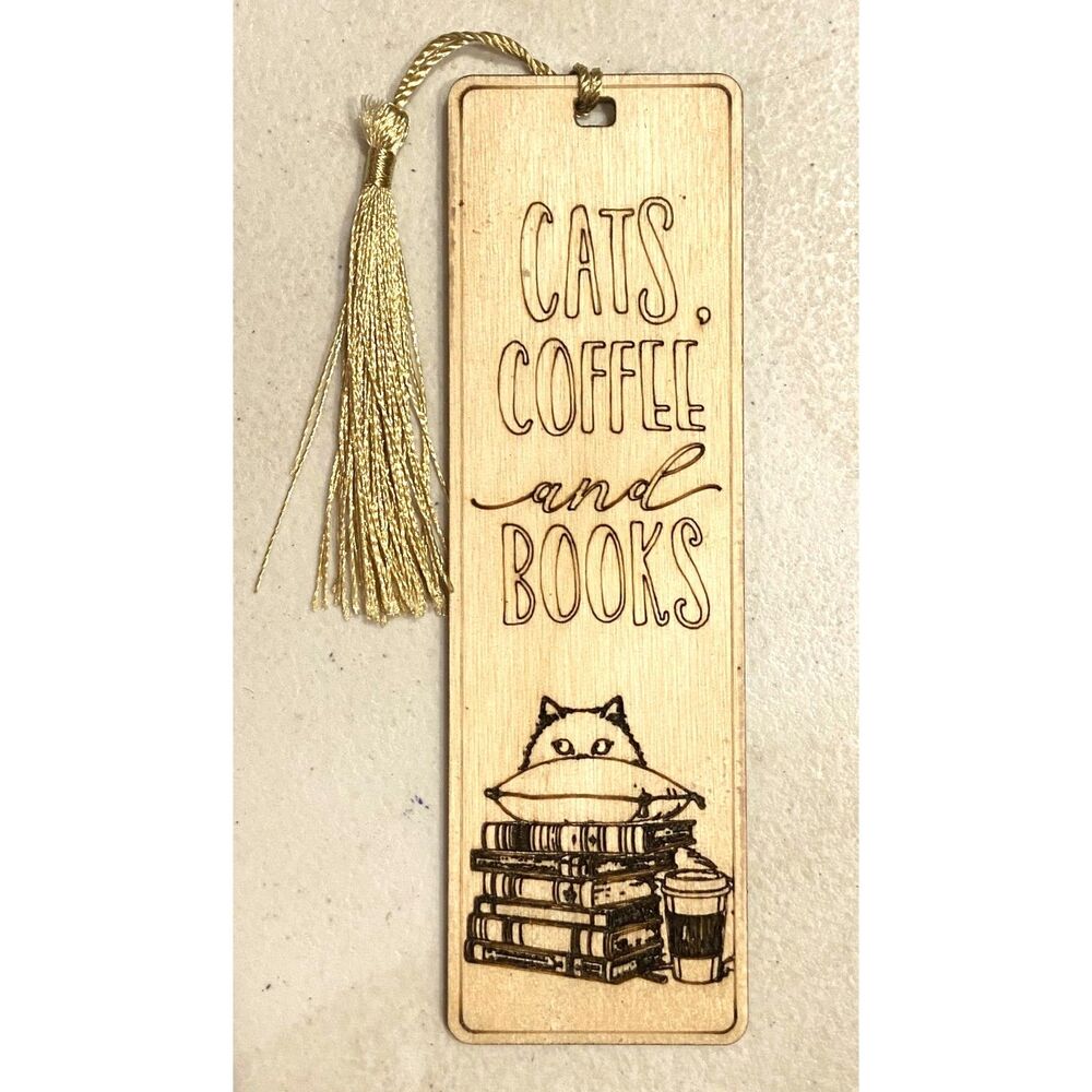 6" Wood Bookmark - Teacher - Cats, Coffee, and Books - B017